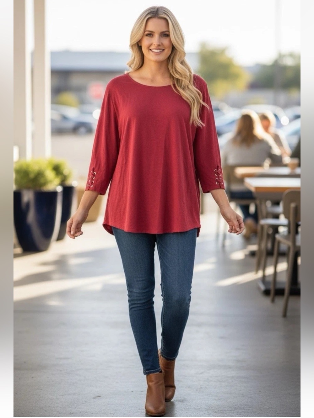 Chico's  WOMENS PINK SIZE 3 US XL ROUND NECK CRISS CROSS 3/4 SLEEVE ACCENTS TOP